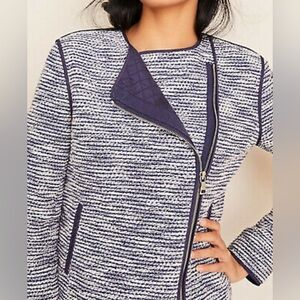 Women’s Ann Taylor Quilted Tweed Moto Jacket Size 4T Blue/White EUC